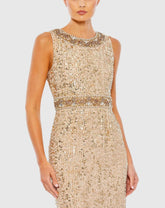 Gold Embellished Sleeveless High Neck Midi Dress